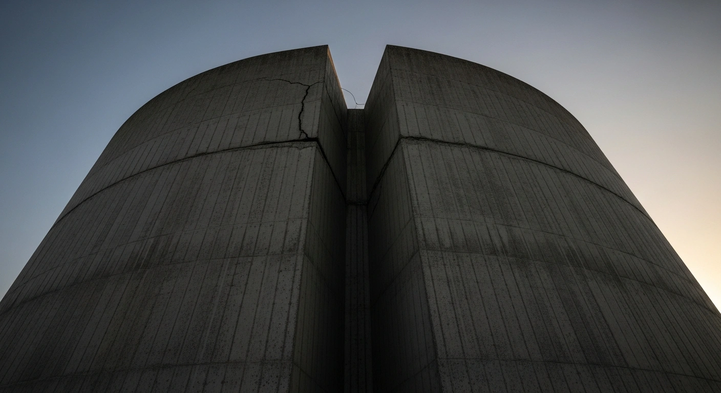 A low-angle, somber image of a formidable concrete mound at Muan International Airport, illuminated by the cold light of dawn, symbolizing the structure that failed safety standards and contributed to the December 2024 Jeju Air Flight 2216 crash and 179 fatalities.