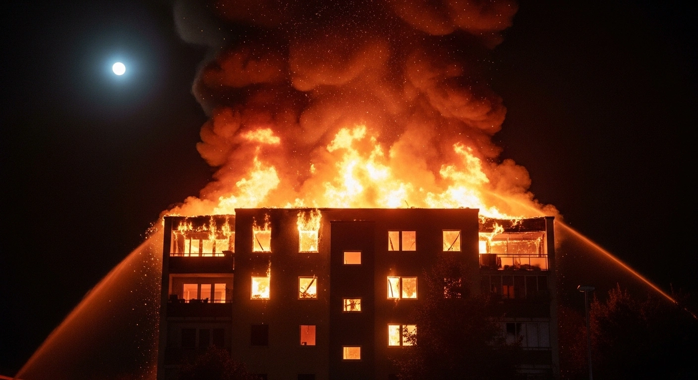 A dramatic night scene shows a residential building in Mühlhausen engulfed in towering flames and multiple explosions, with thick black smoke billowing into the sky.