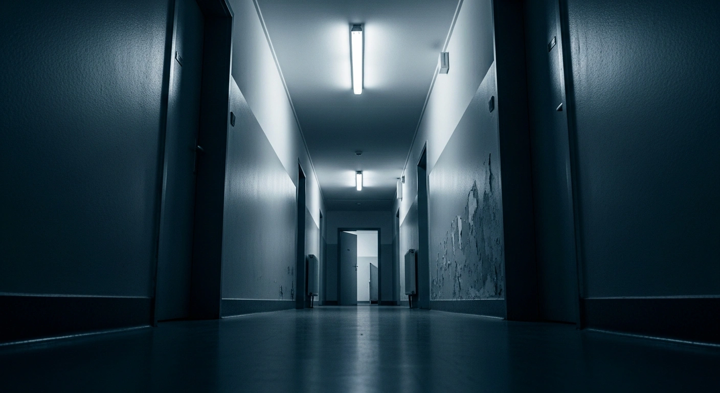 A stark, dimly lit hallway in an asylum seekers' accommodation, with worn linoleum and peeling paint, symbolizing the scene of a homicide in Münstertal, Baden-Württemberg, where a 22-year-old man was arrested in connection with the death of a 21-year-old Afghan national.