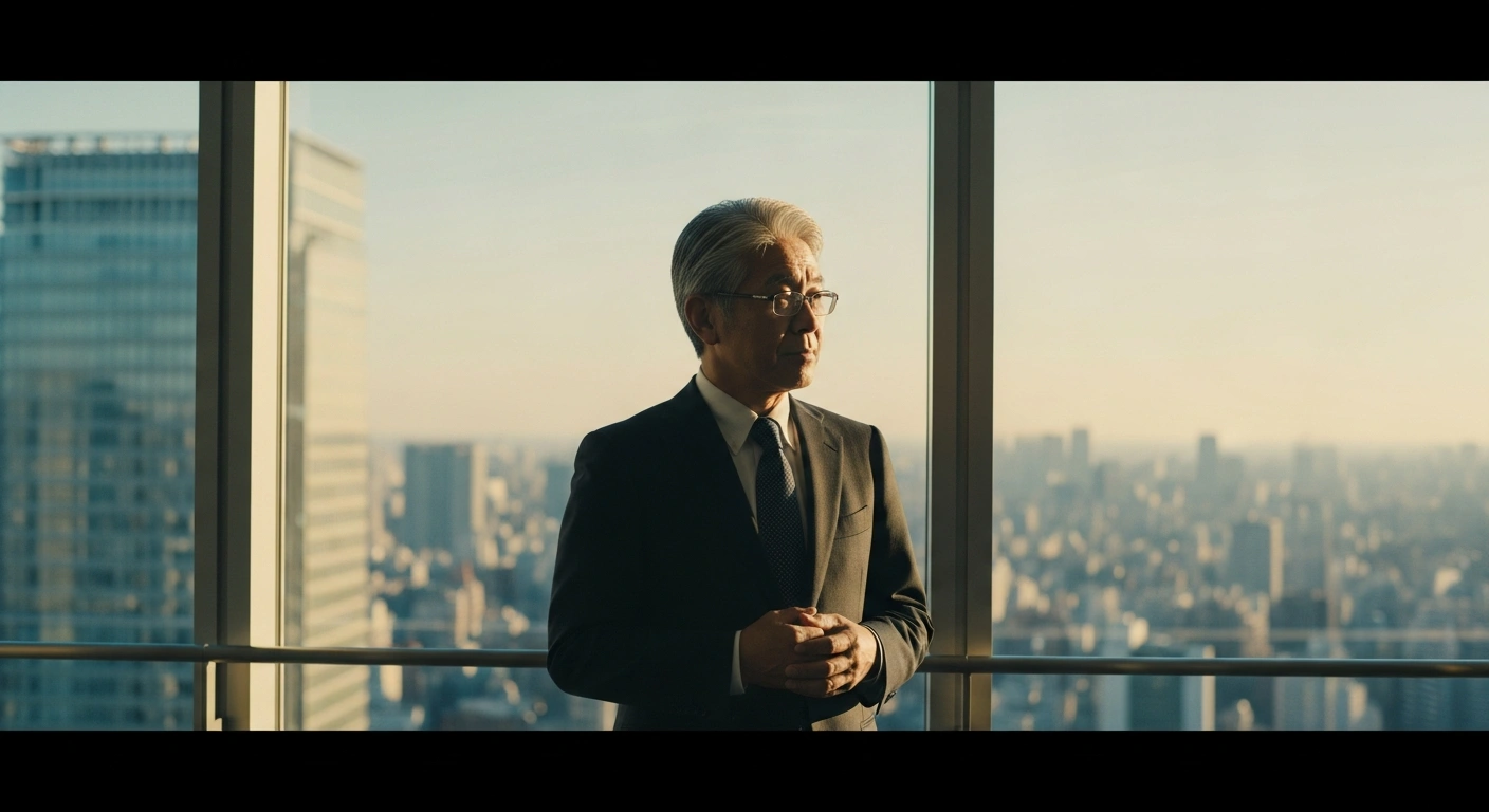A professional Japanese employee stands in a modern office, representing the Mitsubishi UFJ Financial Group's decision to raise the retirement age to 65 to address labor shortages.