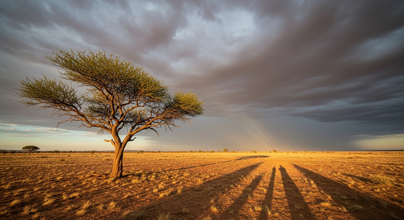 A wide, low-angle shot captures a gnarled tree in an arid South African landscape under a clearing, golden-hour sky, symbolizing MultiChoice's decision to halt DStv price increases to address subscriber losses and rebuild its customer base.