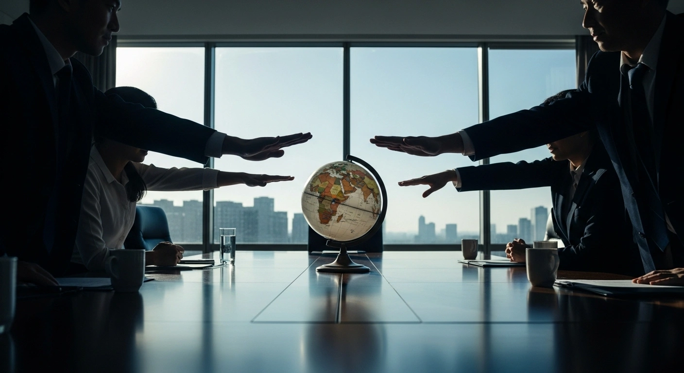 A polished conference table with an antique globe at its center, surrounded by several distinct hands hovering in delicate balance, symbolizing the call for an end to trade wars and the advent of a multipolar world, reflecting the high-stakes summit between US President Donald Trump and Chinese President Xi Jinping aimed at de-escalating trade tensions.
