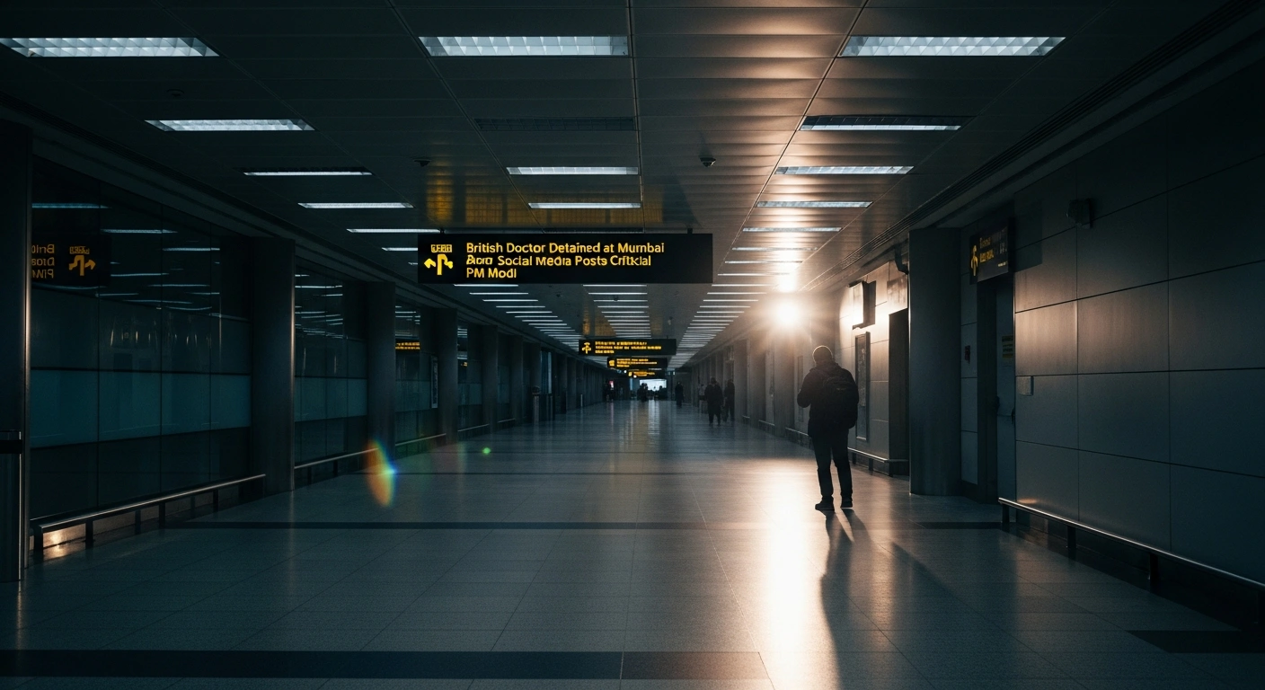 A lone figure, representing Dr. Sangram Patil, stands isolated in a brightly lit, sterile airport corridor, symbolizing his detention at Mumbai airport due to social media posts critical of political figures and raising concerns about free speech.