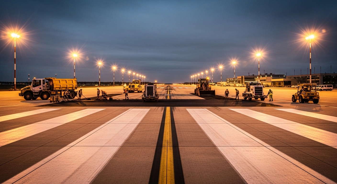 Ground crews perform critical pre-monsoon maintenance on the runways at Chhatrapati Shivaji Maharaj International Airport in Mumbai.