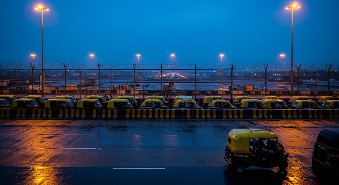 A row of parked auto-rickshaws and taxis sits near the high-security perimeter fence of the Mumbai airport at dusk.