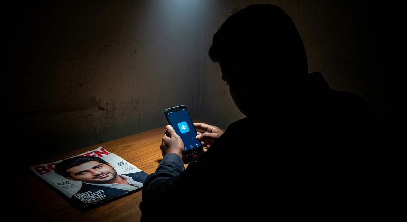 A shadowy figure, illuminated by the blue glow of a smartphone playing a voice note, sits in a dimly lit room with a magazine featuring Bollywood actor Ranveer Singh on a table, representing the Mumbai Crime Branch's investigation into a ransom threat and a Look Out Circular against alleged Lawrence Bishnoi gang member Harry Boxer.