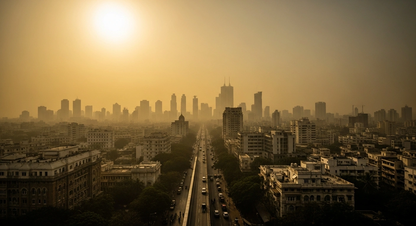 A hazy, smog-filled Mumbai skyline under a bright sun during a heatwave and air quality alert.