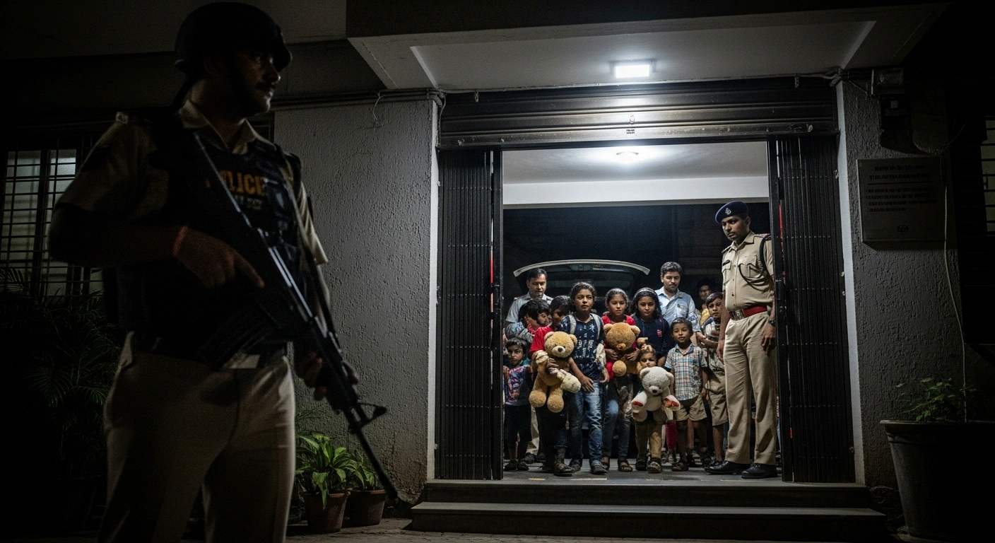 Mumbai police officers lead rescued children from R.A. Studio in Powai following a hostage situation involving an armed man, Rohit Arya.