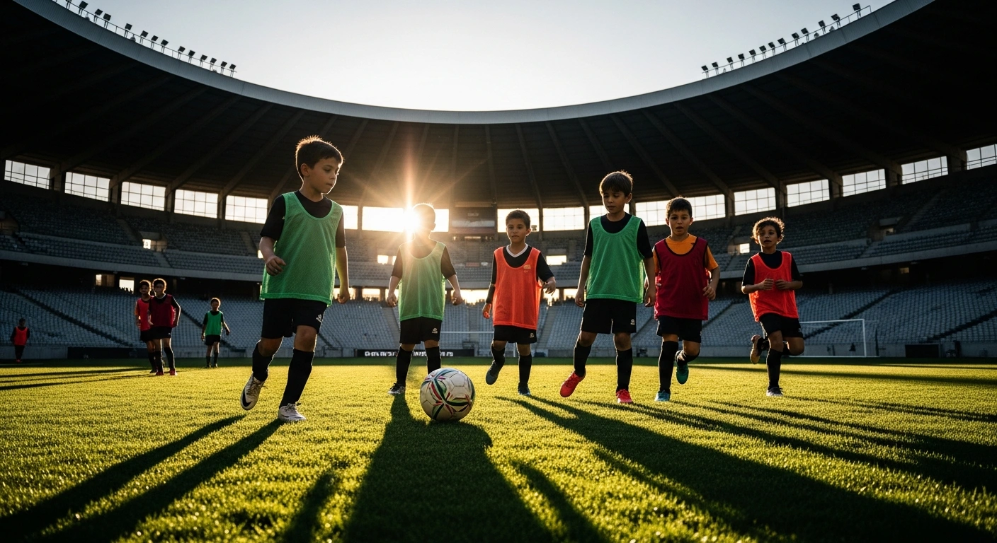 Young schoolchildren compete in the Munegu Cup youth football tournament on the pitch at Stade Louis-II in Monaco.