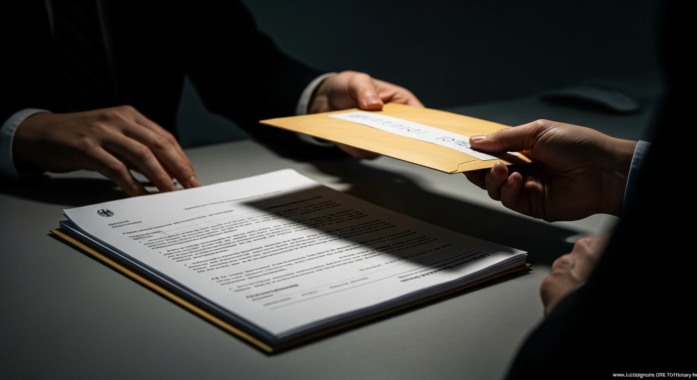 A low-angle, close-up shot depicts a hand discreetly sliding an unmarked envelope across a cluttered desk with official documents under harsh fluorescent light, symbolizing the bribery scandal at the Munich immigration office (KVR) involving unlawful residence permits.