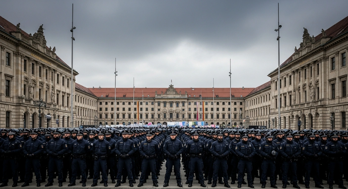 A wide, low-angle view shows a grand, historic building in Munich heavily secured by a phalanx of German and international police officers, with a blurred hint of distant protests, representing the extensive security operation for the 62nd Munich Security Conference where global leaders gather.