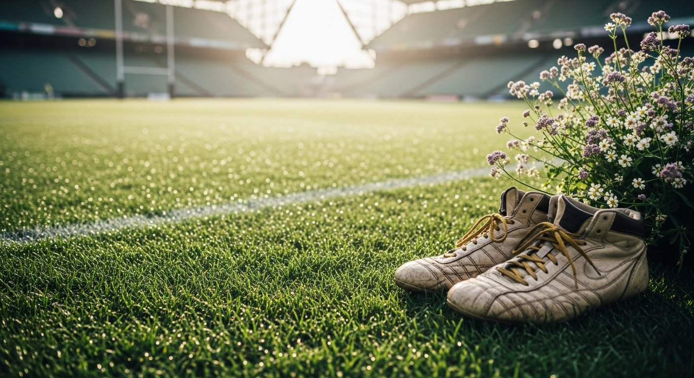 A pair of rugby boots sits on a green pitch, representing Munster Rugby's commitment to sustainability and environmental initiatives.