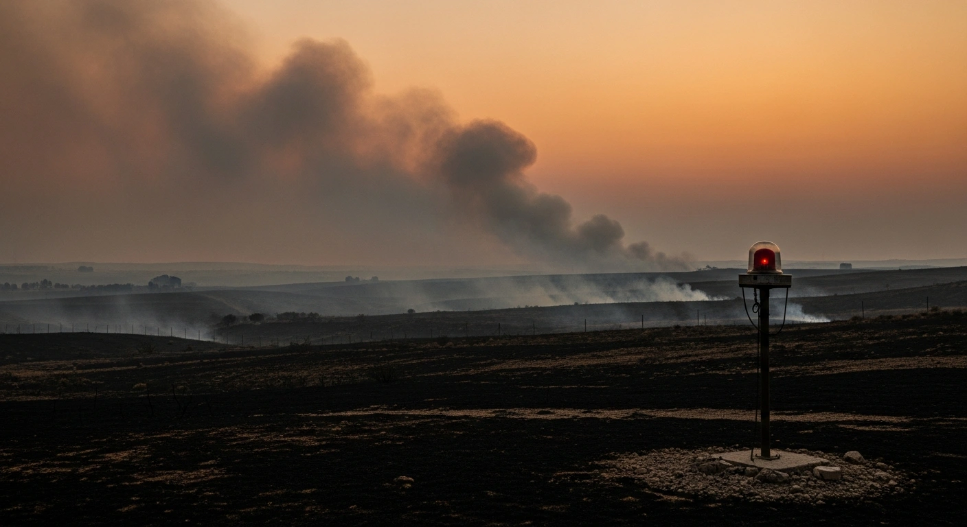 A desolate, fire-ravaged landscape in Murcia, Spain, features a solitary emergency siren standing amidst the smoke and charred remains of the forest following a deadly wildfire.