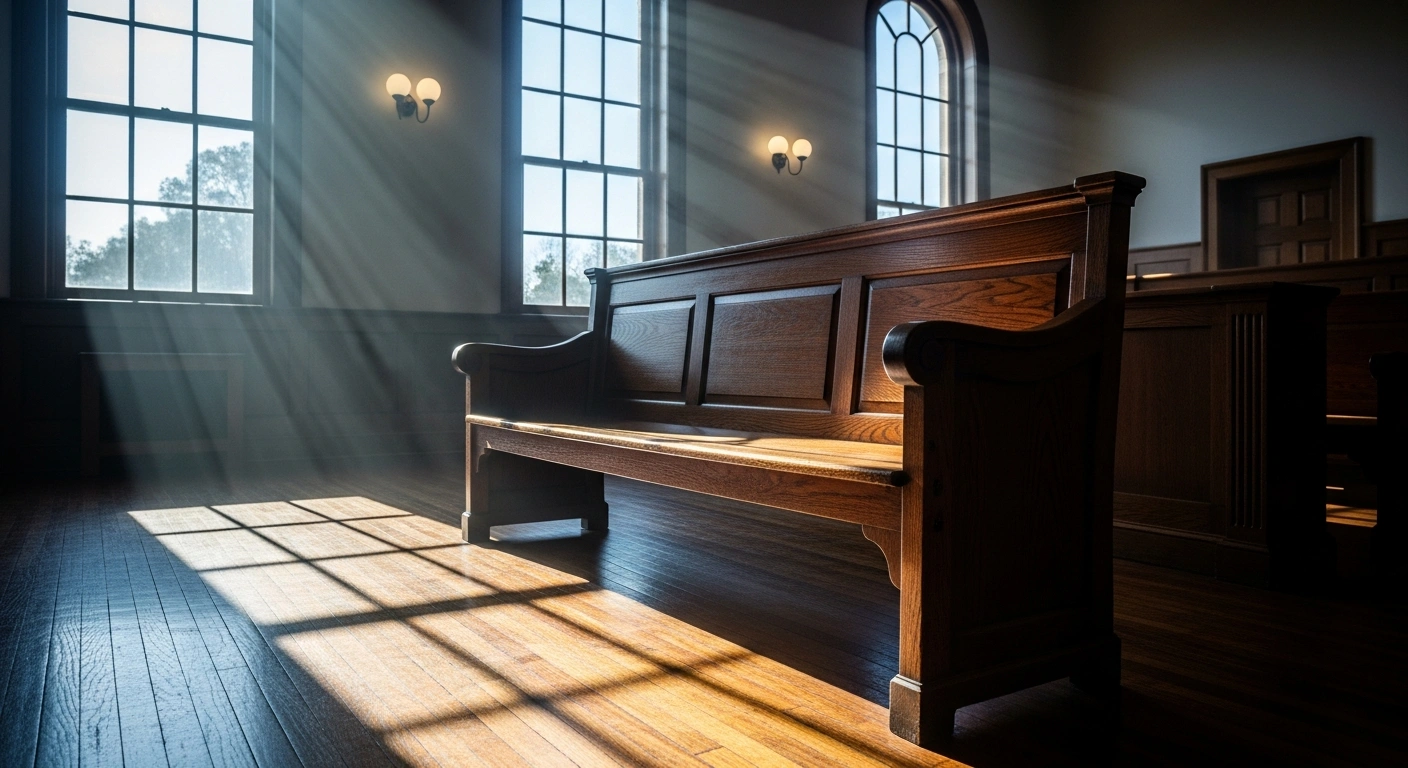 A dimly lit, historic courtroom interior represents the South Carolina Court of Appeals decision to deny Alex Murdaugh a new trial.