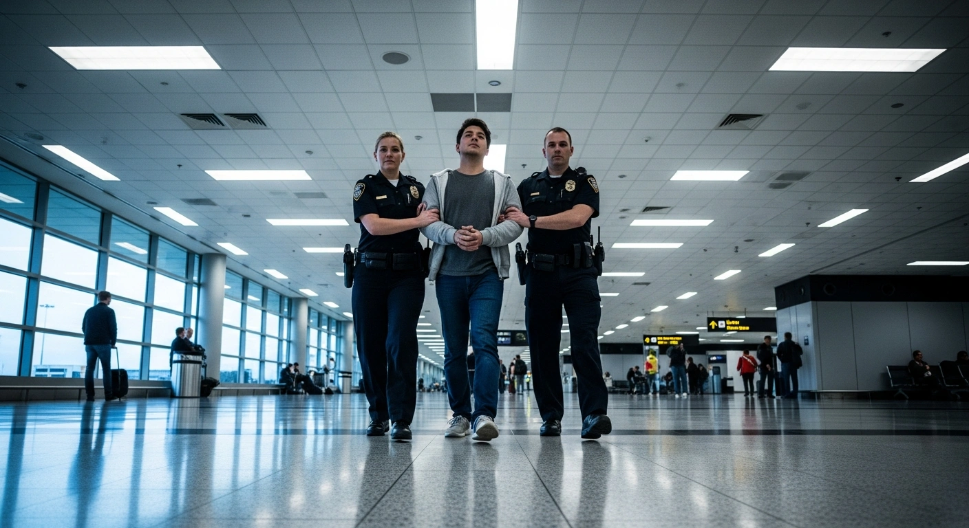 Peel Regional Police officers escort a murder suspect in custody at Toronto Pearson International Airport.