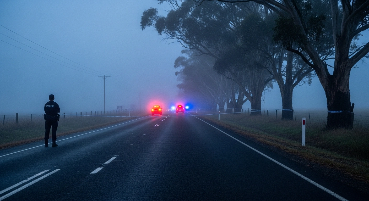 A rural road at pre-dawn, illuminated by the flashing red and blue lights of police vehicles, with a silhouetted officer surveying a cordoned-off area, depicting the scene of a shooting incident west of Murwillumbah, New South Wales, under police investigation.