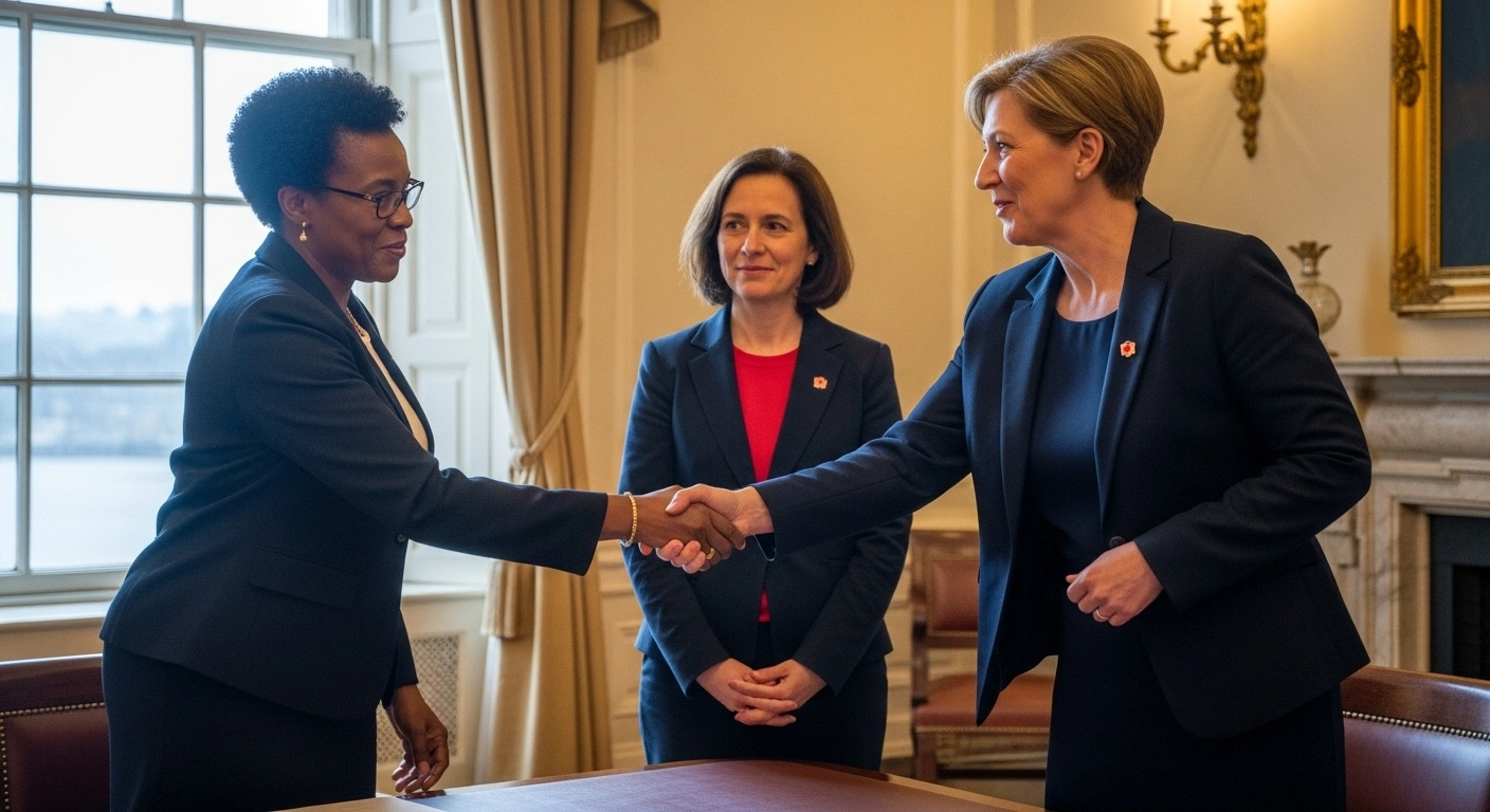 Louise Mushikiwabo, Secretary General of La Francophonie, is depicted shaking hands with Canadian Minister of Foreign Affairs Anita Anand, while Parliamentary Secretary Mona Fortier observes, during a meeting in Ottawa aimed at strengthening ties between Canada and the Organisation internationale de la Francophonie (OIF).