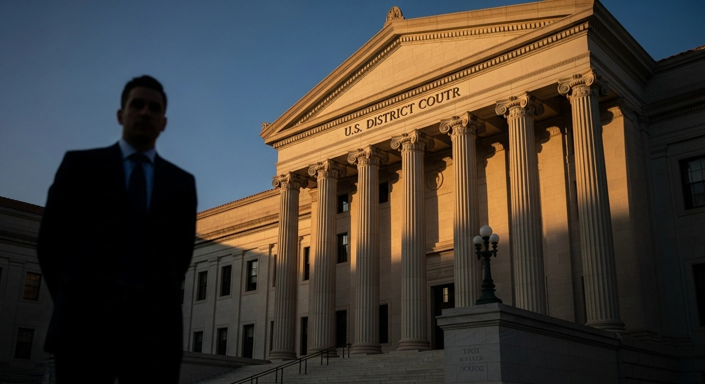 A grand, imposing U.S. District Courthouse in Washington D.C. at dusk, with a lone, silhouetted figure in the foreground looking towards it, symbolizing the rejection of Elon Musk's bid to move his SEC lawsuit from Washington D.C. to Texas.