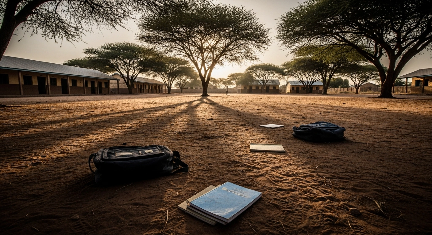 Abandoned school supplies lie scattered in a dusty courtyard in Mussa, Nigeria, following the abduction of over fifty schoolchildren by armed gunmen.