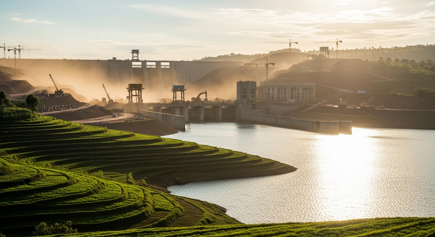 The Muvumba Multipurpose Water Resources Development Project in Rwanda shows significant construction progress with a large dam structure overlooking green agricultural fields in the Nyagatare District.