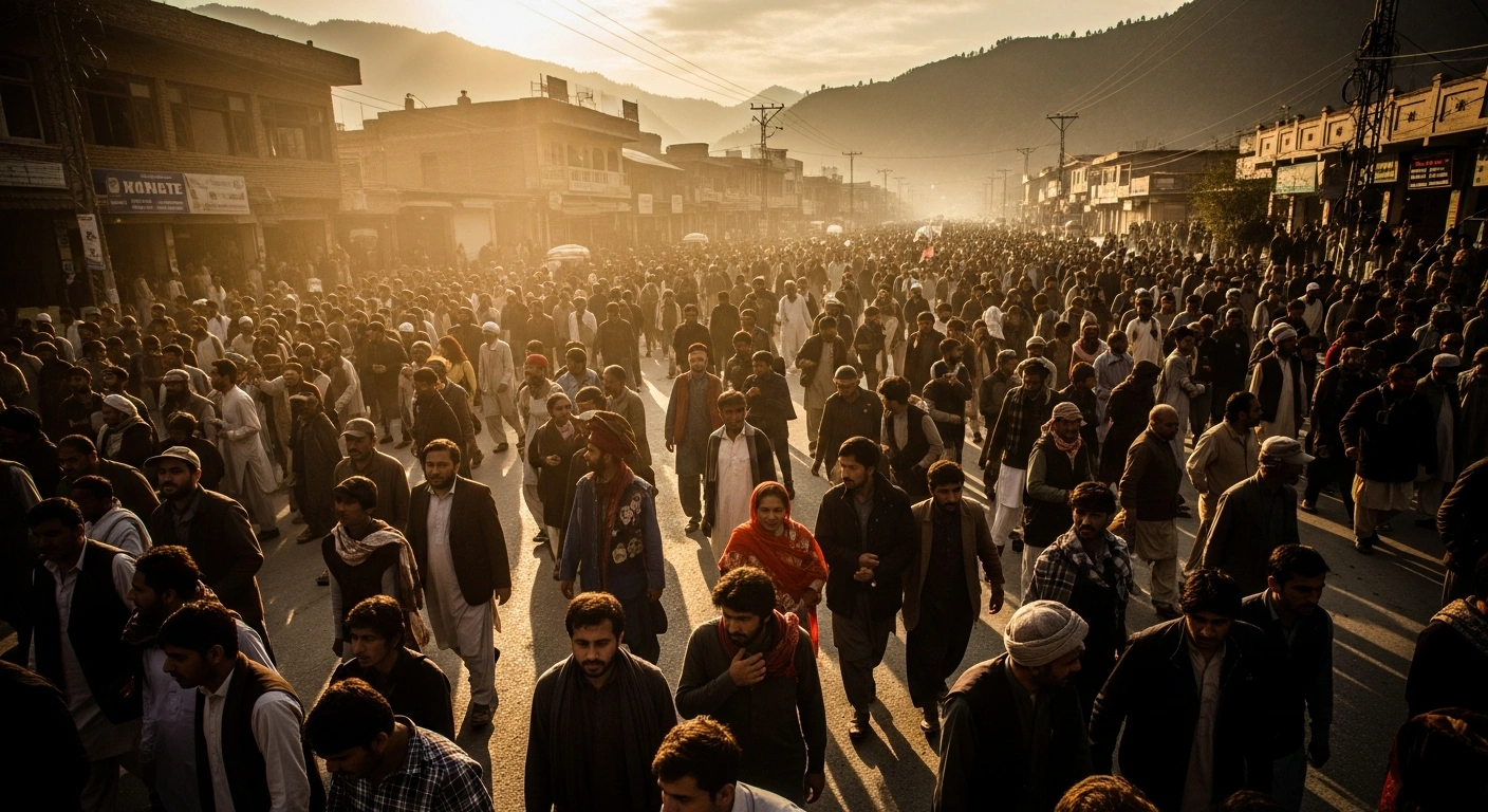 A large crowd of Joint Awami Action Committee supporters gathers in the streets of Muzaffarabad to protest for political rights and lower electricity prices.