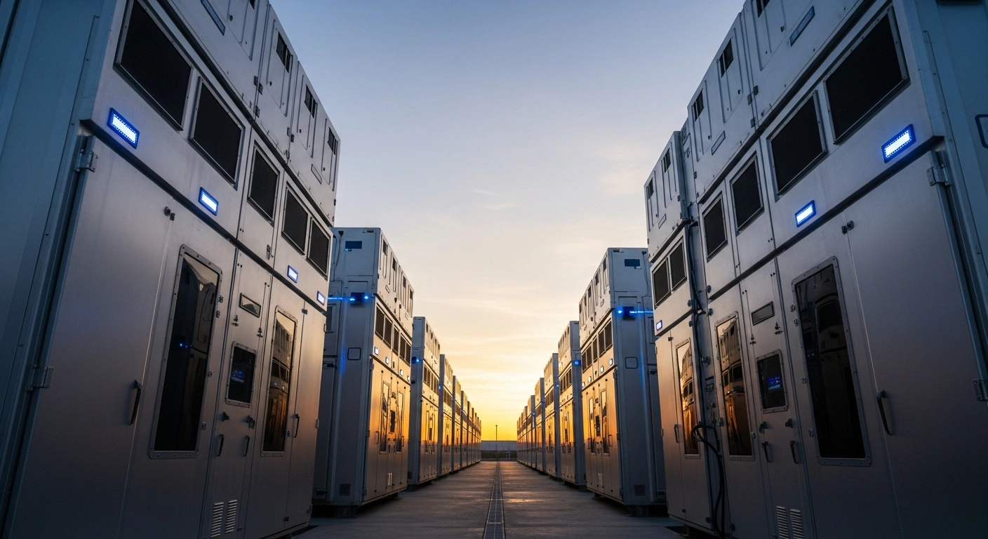 The MVM battery energy storage system in Tiszaújváros stands in a field to support Hungary's national power grid stability.