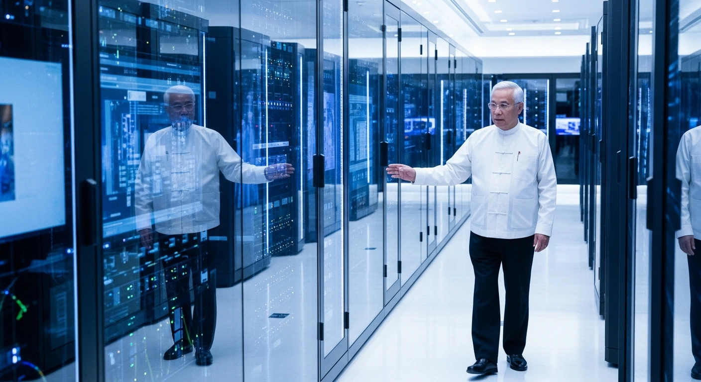 Myanmar leader Min Aung Hlaing tours a high-tech facility in Hangzhou, China, to observe advancements in digital infrastructure.