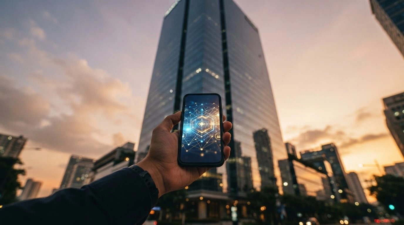 A person holds a smartphone displaying digital financial services with a modern skyscraper in the background, representing the initial public offering of Mynt and GCash.