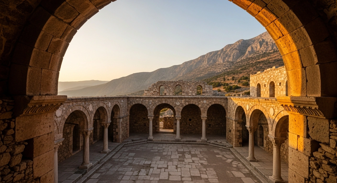 The restored stone arches of the historic Palace of the Despots at the UNESCO World Heritage site of Mystras in Greece are illuminated by golden hour sunlight.