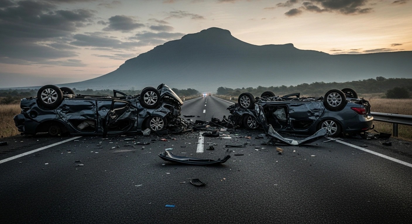 A devastating multi-vehicle collision involving three mangled vehicles on the N1 highway near Ysterberg Mountain in Limpopo, South Africa, with emergency lights visible in the distance, depicting the aftermath of a crash that claimed four lives and closed both lanes.