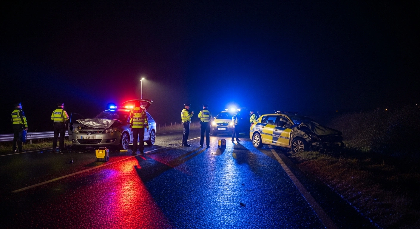 A dark, rural road at night shows the somber aftermath of a two-car collision, with flashing emergency lights illuminating damaged vehicles and Gardaí officers investigating the scene where a man in his 40s died on the N22 near Dromadeesirt, County Kerry.