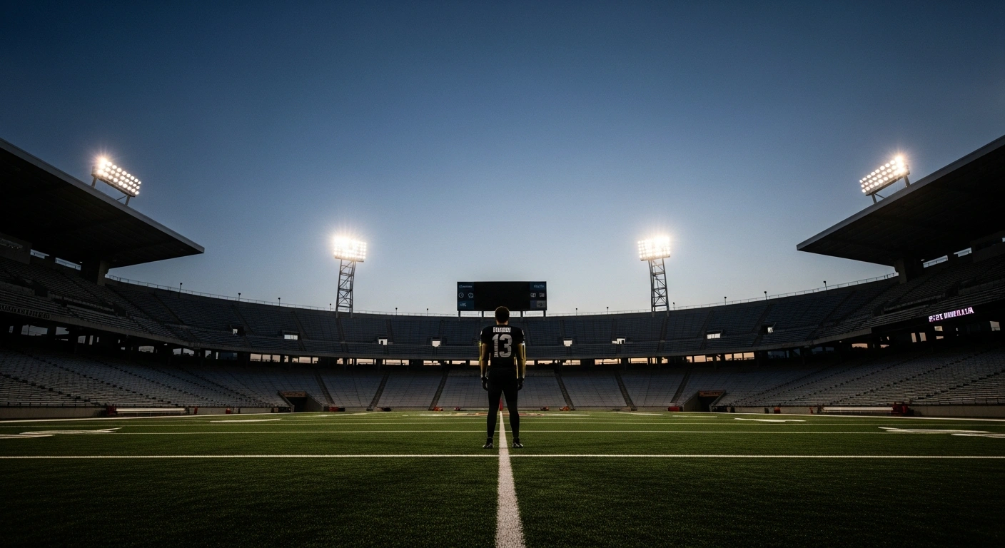 A lone college athlete stands on an empty stadium field, symbolizing the NAACP call for a boycott of sports events in states with restrictive voting laws.