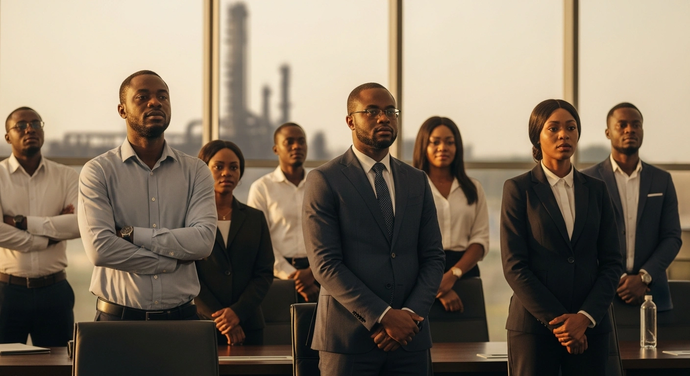 The newly elected leadership team of the Association of Energy Correspondents in Nigeria stands together in a professional setting to represent the organization's future.
