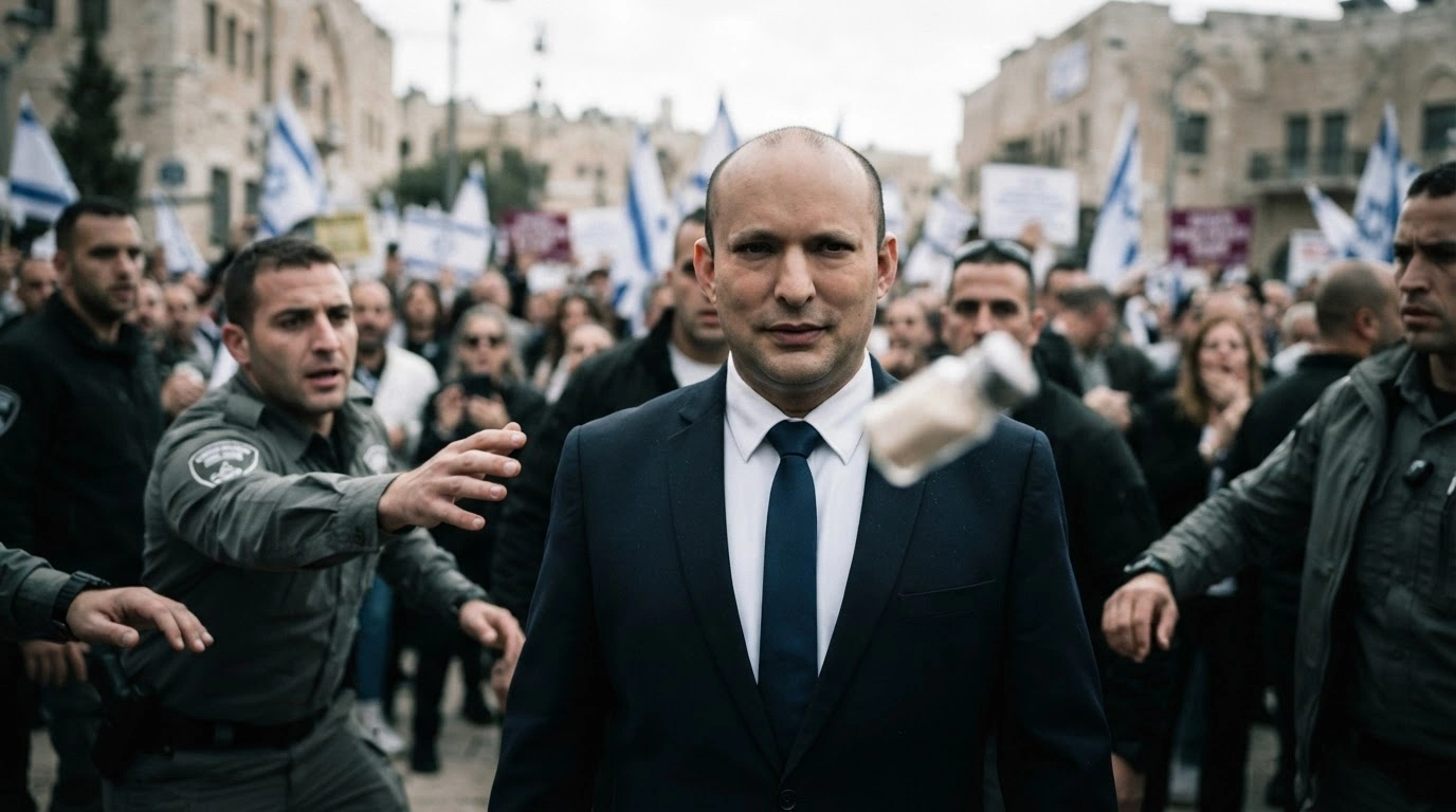 A man stands in a public square as a legal indictment is filed regarding an incident where salt shakers were thrown at former Israeli Prime Minister Naftali Bennett.