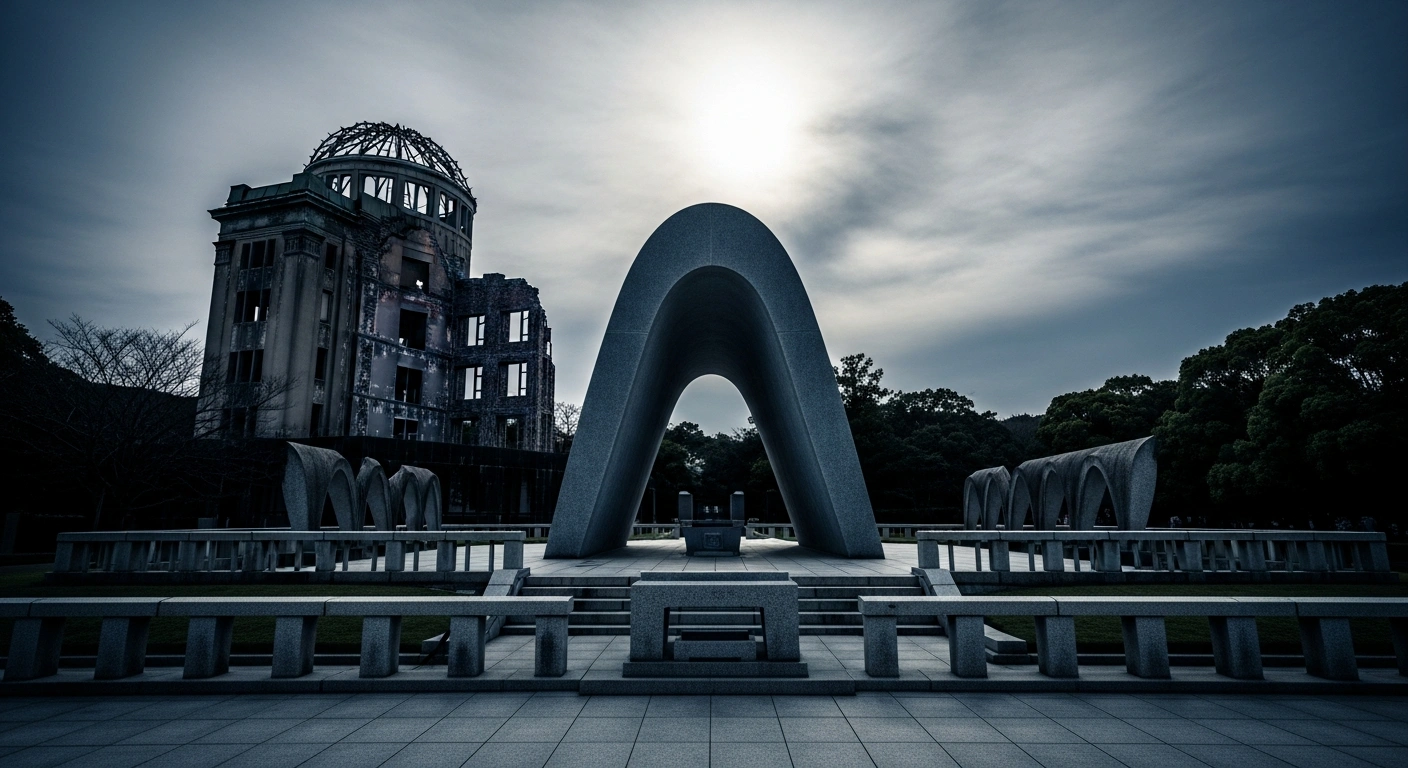 The Nagasaki Peace Park memorial stands under a cloudy sky as a symbol of historical reflection regarding the events of the Second World War.