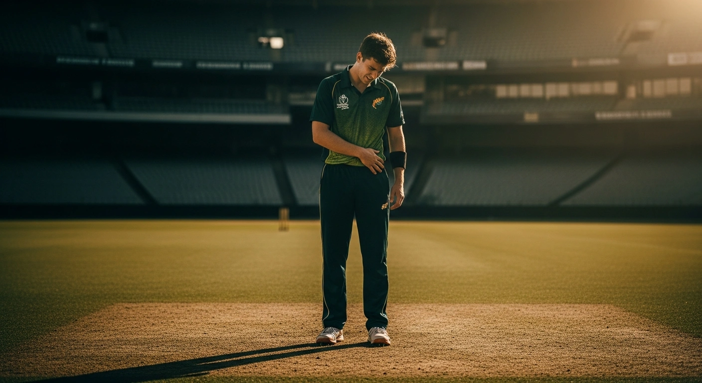 Bangladesh fast bowler Nahid Rana stands on a cricket pitch looking disappointed after being ruled out of the Test series against Australia due to an injury.
