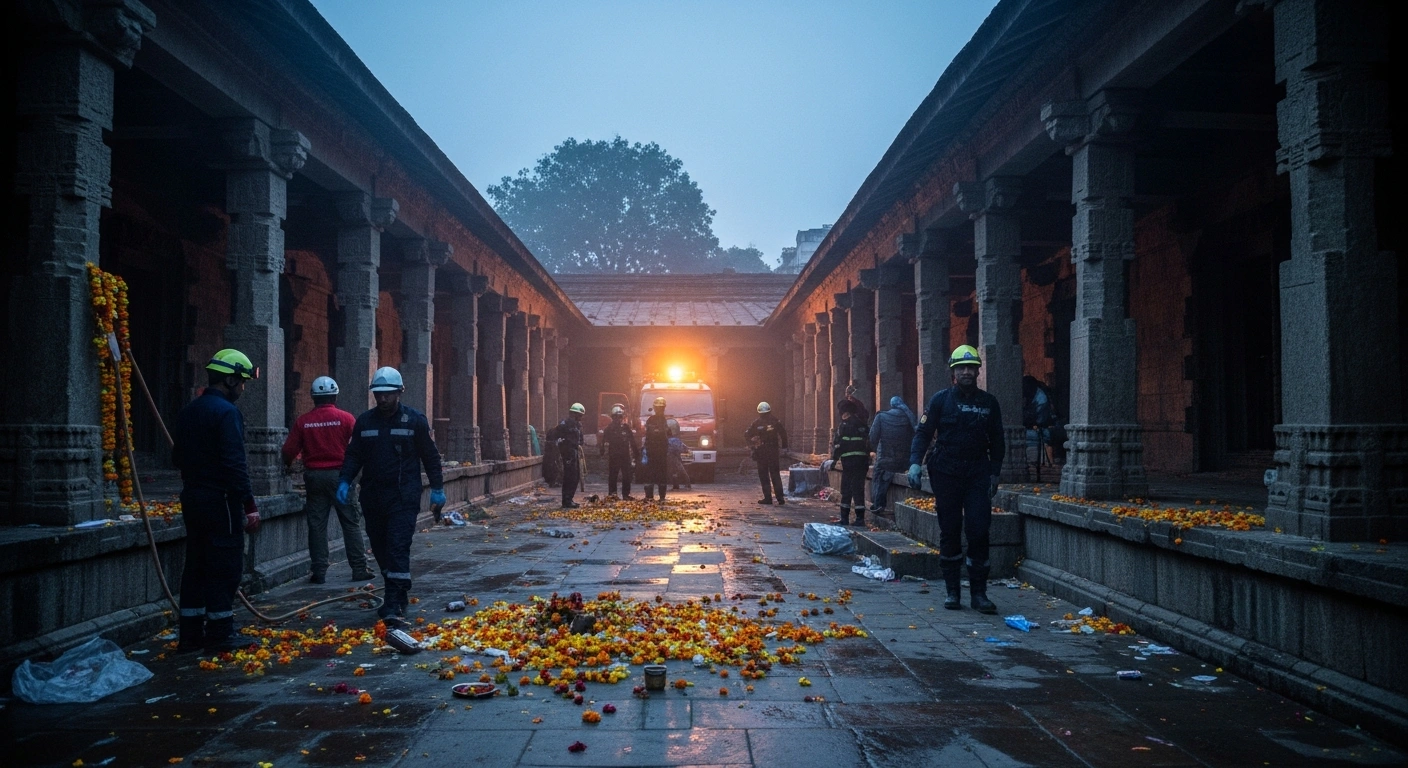 Emergency responders work at a temple in Nalanda, Bihar, following a tragic stampede during Chaitra Purnima celebrations.