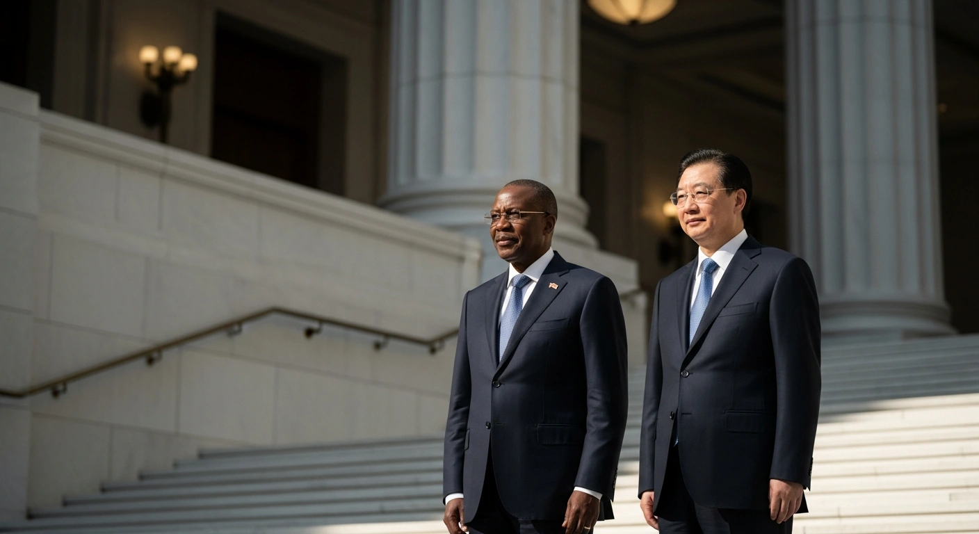 Namibian President Nangolo Mbumba stands with a Chinese official during a formal state visit to strengthen bilateral relations between Namibia and China.