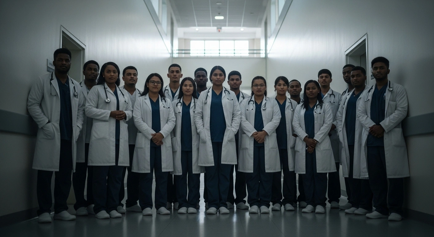 A group of young medical graduates, dressed in scrubs, stands in a stark, empty hospital corridor, their faces reflecting the frustration and uncertainty of delayed internships in Namibia due to a lack of funding, impacting healthcare staffing.