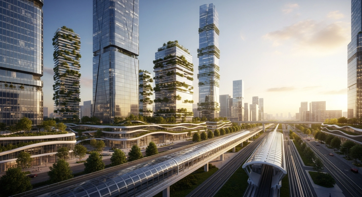 A conceptual rendering of a modern, sustainable city development project within India's National Capital Region.