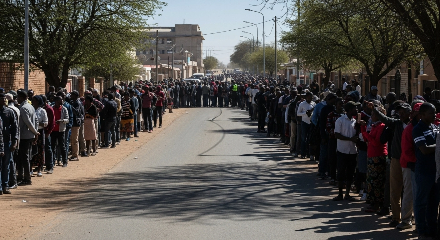 A wide, slightly elevated shot shows a sprawling, disorganized queue of hundreds of people stretching down a dusty, sun-baked street towards a building, depicting the chaos and disruptions experienced during Namibia Post Limited's social grant payout pilot program.