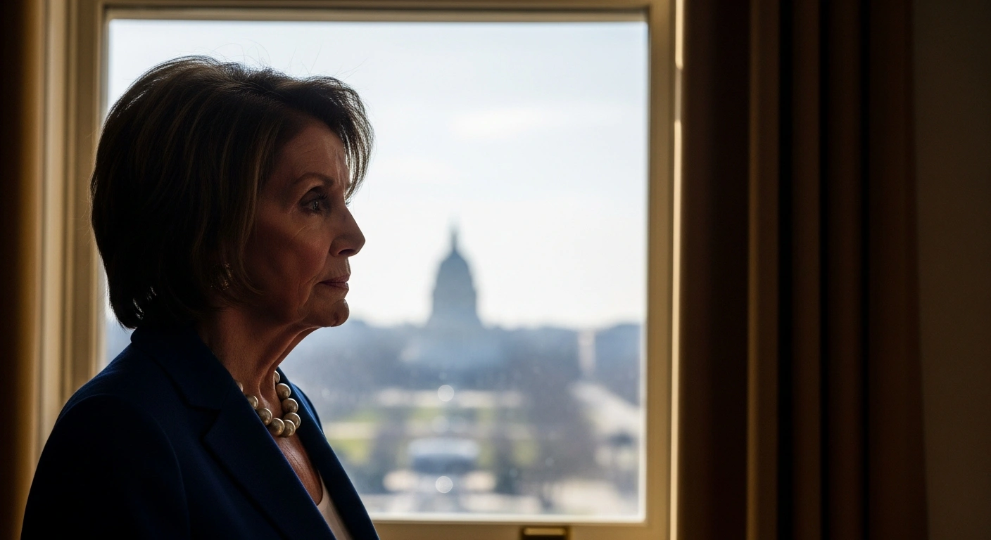Former House Speaker Nancy Pelosi, an 85-year-old woman with a reflective expression, stands in soft, golden light before a grand window, with the blurred iconic architecture of Washington D.C. visible in the background, symbolizing the end of her nearly 40-year career in the U.S. House of Representatives as she announces she will not seek re-election.