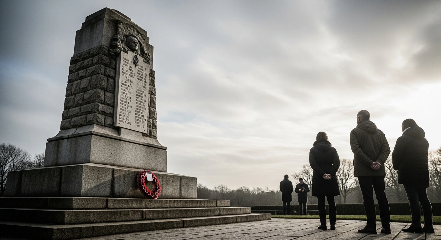 A somber, low-angle view of a weathered stone memorial with a single wreath, observed by a few indistinct figures under an overcast sky, symbolizing China's National Memorial Day for the 1937 Nanjing Massacre amidst diplomatic tensions with Japan over Taiwan.