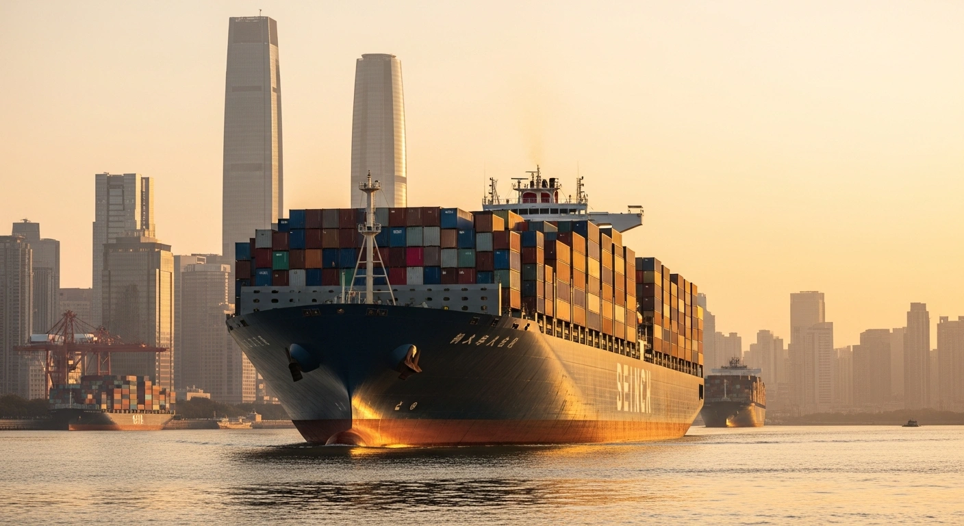 A large container ship loaded with cargo departs from the port of Nanjing to begin a new direct shipping route to the United States.