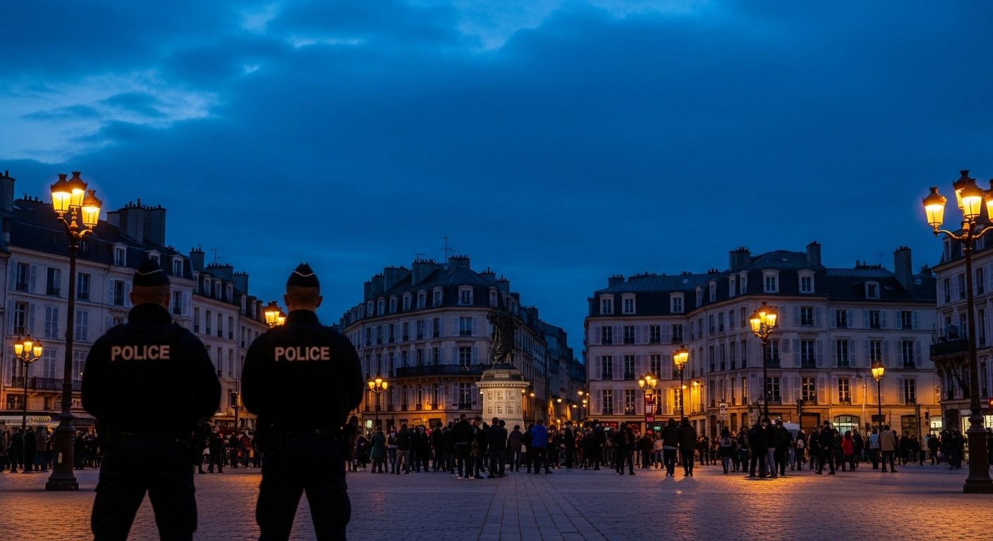 French police officers patrol a city square in Nantes to enforce security measures during the World Cup third-place playoff.