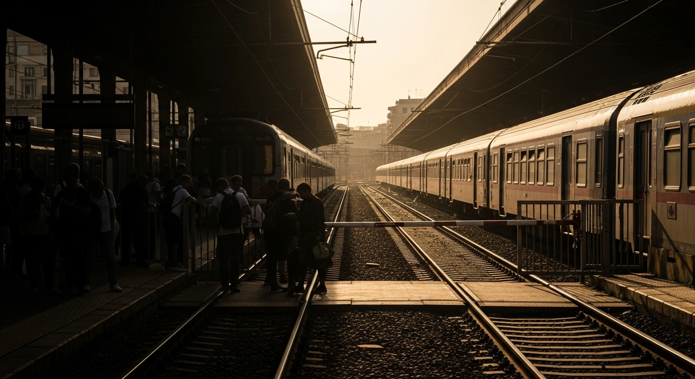 Frustrated commuters and tourists wait on a deserted train platform in Naples during a transport worker strike that halted the Circumvesuviana rail network.