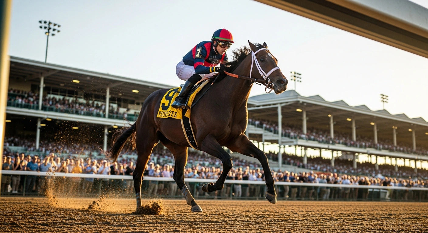 The racehorse Napoleon Solo crosses the finish line to win the 151st Preakness Stakes at Laurel Park.