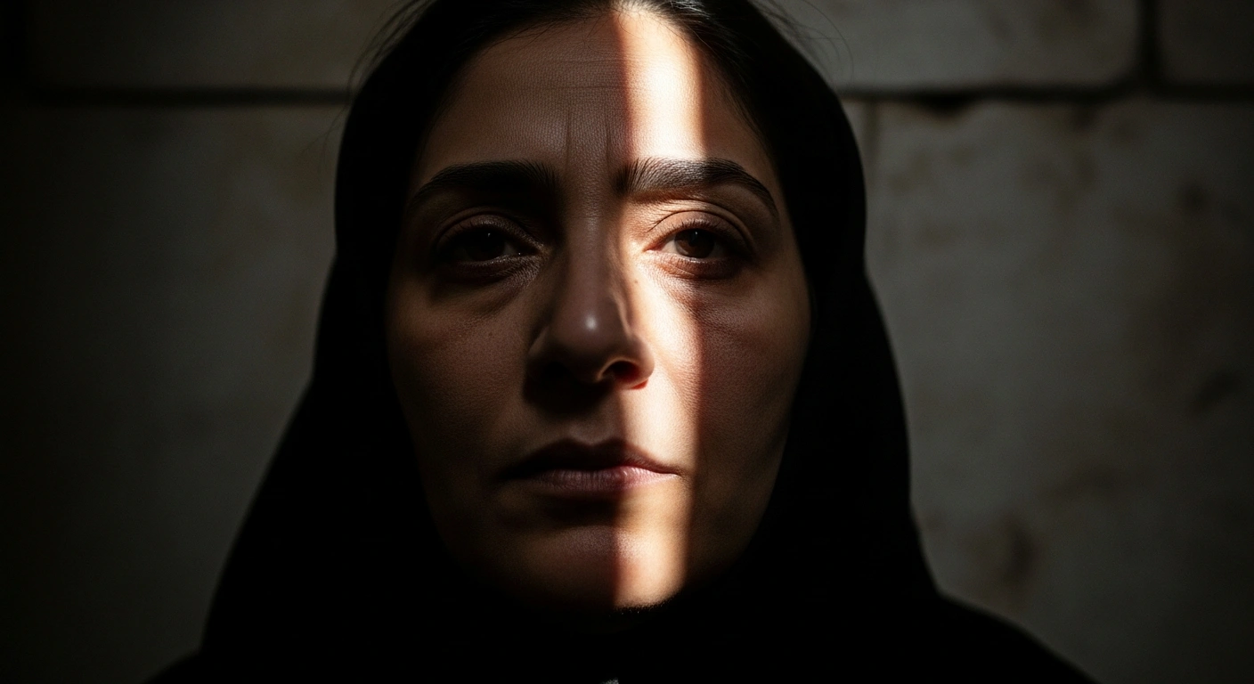 A photorealistic, high-contrast image of Nobel Peace Prize laureate Narges Mohammadi's face, partially illuminated by a stark beam of light in a shadowed prison cell, conveying her defiance and isolation after receiving an additional 7.5-year sentence from an Iranian Revolutionary Court.