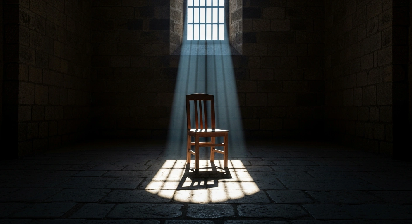 An empty chair sits in a dimly lit prison cell, symbolizing the imprisonment of Nobel Peace Prize winner Narges Mohammadi.