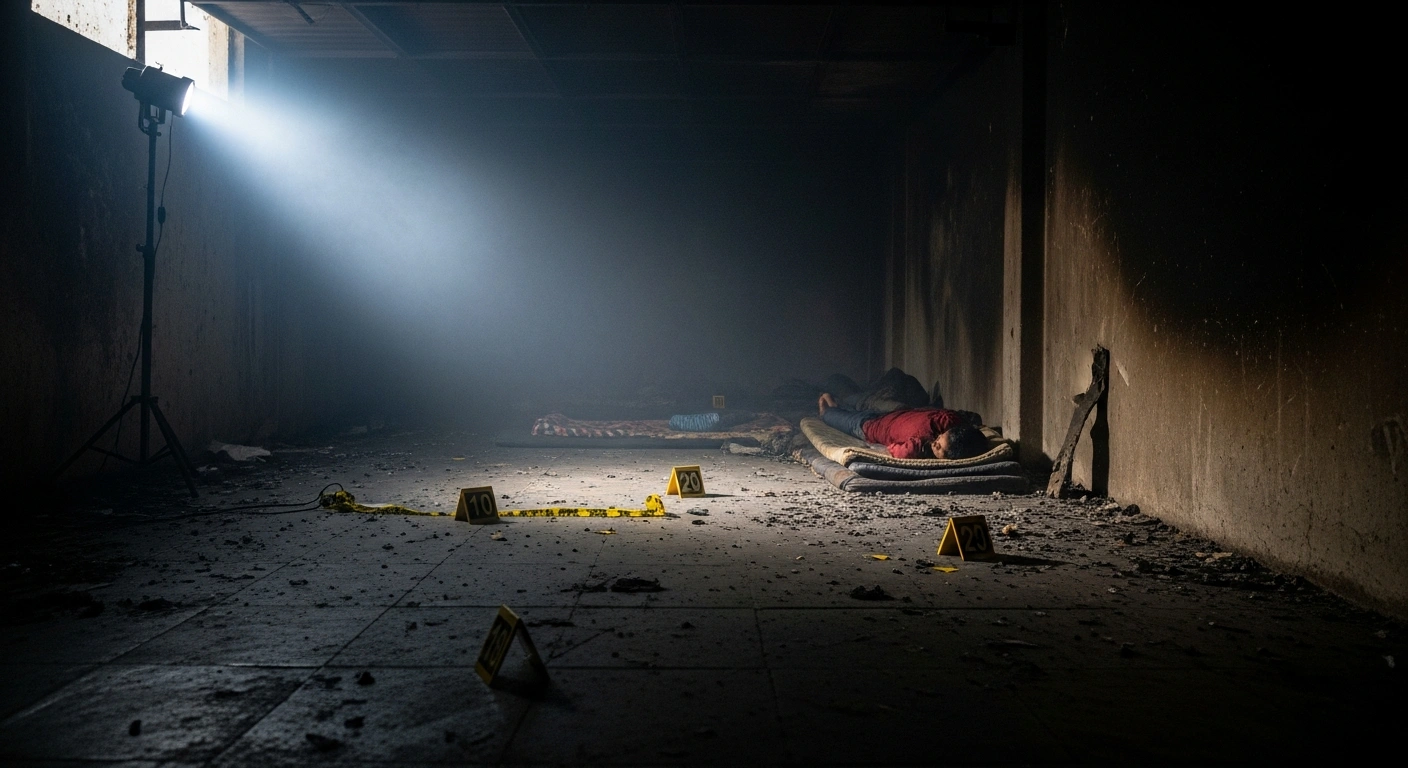 A dimly lit, charred garage interior in Narsingdi, Bangladesh, showing the aftermath of a fire with forensic markers, representing the investigation into the death of Chanchal Bhowmik.